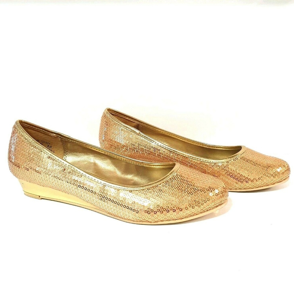 HH Womens 8.5M Metallic Gold Sequin Wedge Pumps